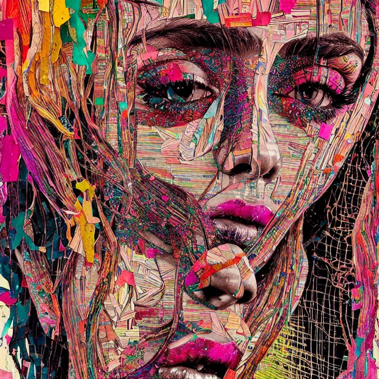 Image similar to beautiful anima girl lost in colors artwork by el anatsui and carne griffiths