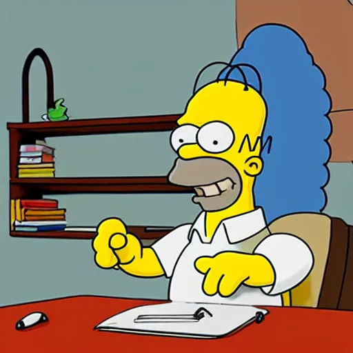 Prompt: homer simpson is standing over a desk and leaning down to draw the simpsons on a large white paper, concept art