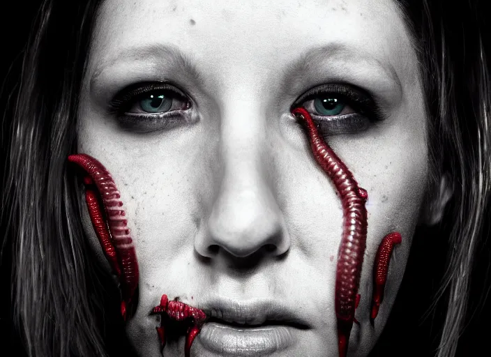 Image similar to mid shot portrait of a woman in nightclub, in the style of David cronenberg ,scary, weird, surprising, worms on face, realistic, sharp focus, 8k high definition, medium format film photography, photo realistic, insanely detailed, intricate, elegant, art by les edwards and David kostic and stanley lau and artgerm