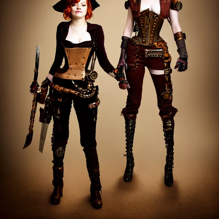 Prompt: professional full length photograph of emma stone as a steampunk warrior. Extremely detailed. 8k