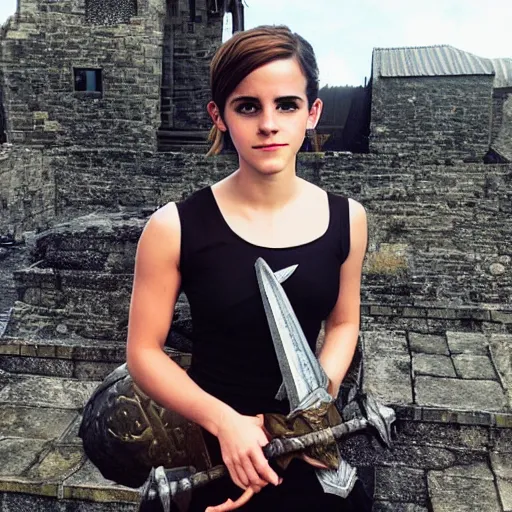 Prompt: Emma Watson holding a real life armadyl godsword from Runescape