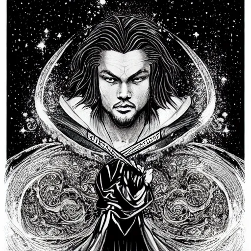 Image similar to black and white pen and ink!!!!!!! Leonardo Di Caprio handsome cosmic space robes flowing royal hair golden!!!! Vagabond!!!!!!!! floating magic swordsman!!!! glides through a beautiful!!!!!!! liquid magic floral crystal battlefield dramatic esoteric!!!!!! Long hair flowing dancing illustrated in high detail!!!!!!!! by Moebius and Hiroya Oku!!!!!!!!! graphic novel published on 2049 award winning!!!! full body portrait!!!!! action exposition manga panel black and white Shonen Jump issue by David Lynch eraserhead and beautiful line art Hirohiko Araki!! Rossetti, Millais, Mucha, Jojo's Bizzare Adventure