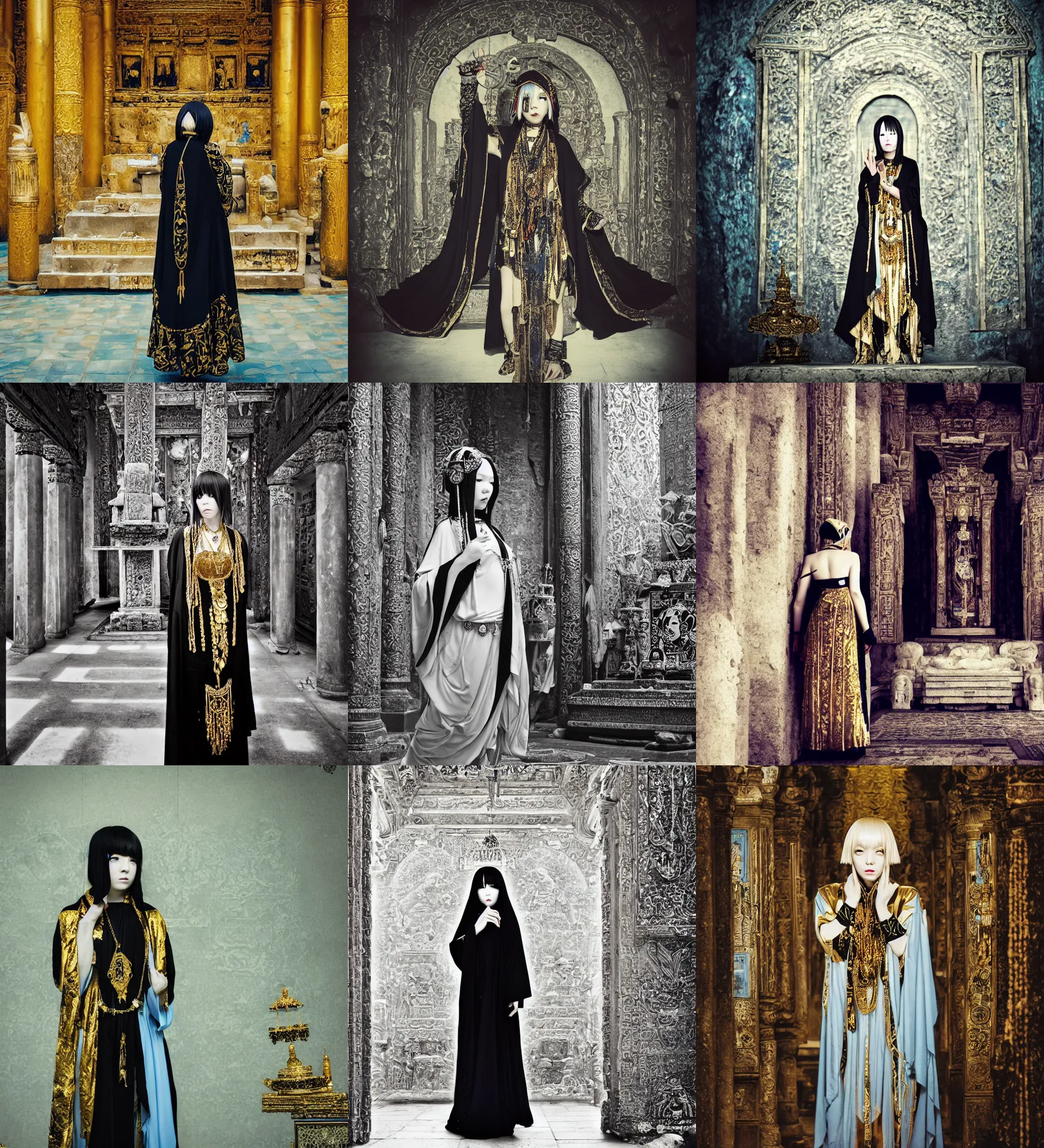 Prompt: lomography, full body portrait photo of women like reol from a distance as a priestess wearing ornate gold jewelry and black robe walking past a altar in a ancient temple interior, moody, realistic, dynamic perspective pose, light blue filter, skin tinted a warm tone, hdr, rounded eyes, detailed facial features, alphone mucha, heian, black white gold