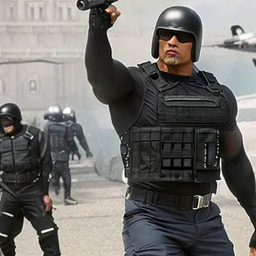 Prompt: Dwayne Johnson as swat in movie directed by Christopher Nolan