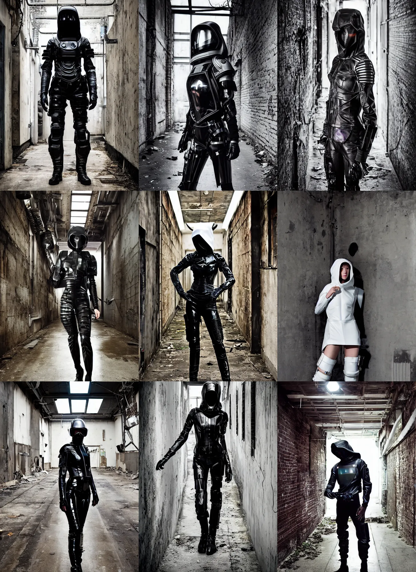 Prompt: beautiful fashion model with white sci - fi tactical gear, black leather garment, hologram sci - fi hood, full shot fashion photography, alleyway, abandoned factory, battle ready, by irving penn and storm thorgerson, ren heng, peter elson