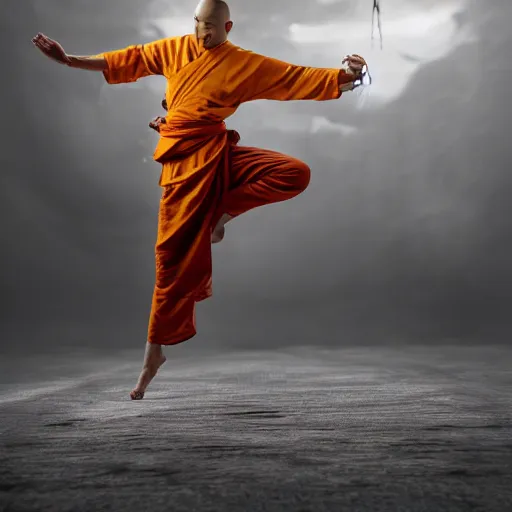 Prompt: full body pose, hyperrealistic photograph of a shaolin disciple manipulating thunder, dim volumetric lighting, 8 k, octane beautifully detailed render, extremely hyper detailed, intricate, epic composition, cinematic lighting, masterpiece, trending on artstation, very very detailed, stunning, hdr, smooth, sharp focus, high resolution, award, winning photo, dslr, 5 0 mm