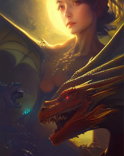 Image similar to a potrait of a space fanstasy dragon, fine details. night setting. realistic shaded lighting poster by ilya kuvshinov katsuhiro, artgerm, jeremy lipkin and michael garmash, unreal engine, radiant light, detailed and intricate environment