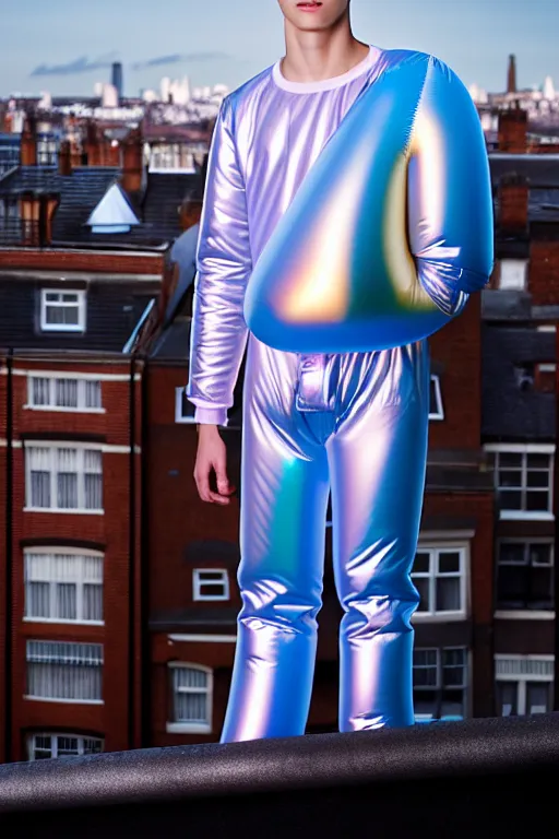 Image similar to un ultra high definition studio quality photographic art portrait of a young man standing on the rooftop of a british apartment building wearing soft baggy inflatable padded silver iridescent pearlescent clothing. three point light. extremely detailed. golden ratio, ray tracing, volumetric light, shallow depth of field. set dressed.