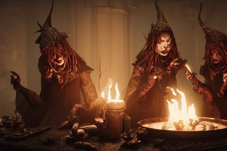 Image similar to dark witches doing a ritual. Ornate details, award winning, Octane render, 4k, 8k, unreal 5, very detailed, hyper control-realism, trending on artstation.”