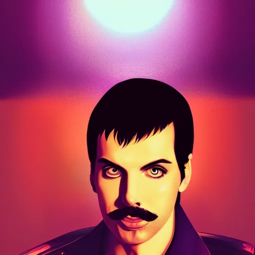 Prompt: portrait of freddie mercury, concert stage background, night time, dramatic lighting, ambient lighting, dynamic lighting, 4k, HQ, official media, anime key visual, makoto shinkai, ilya kuvshinov, lois van baarle, rossdraws, detailed, trending on artstation