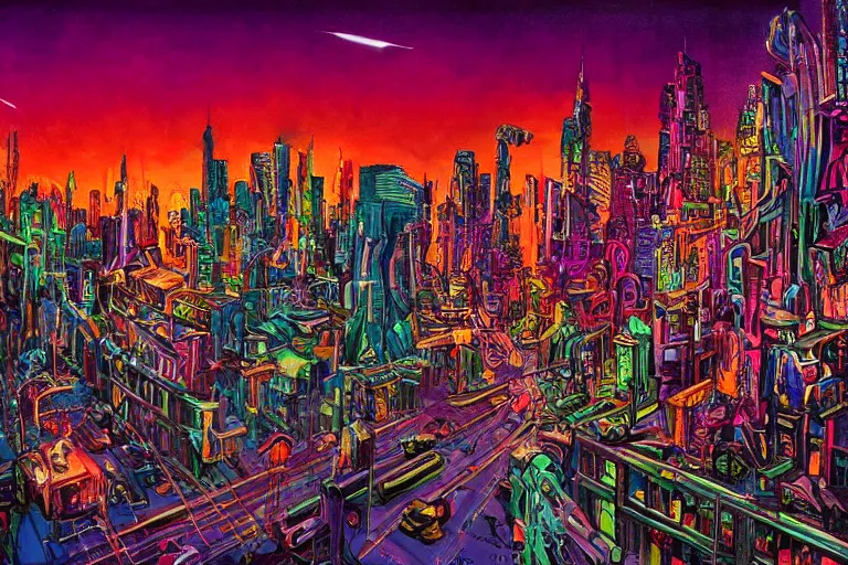 Image similar to surreal colorful nightmarish cityscape, artwork by Ralph Bakshi