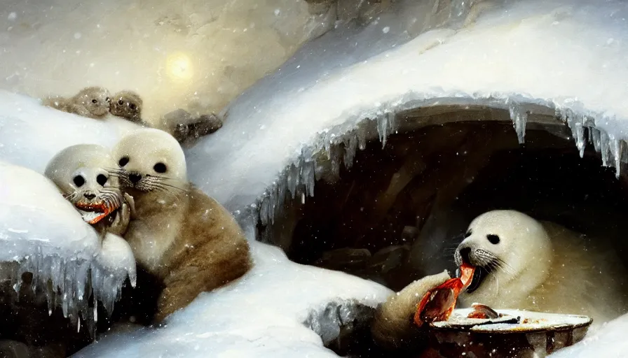 Image similar to highly detailed closeup painting of cute furry white baby seals eating fish inside a snowy fantasy ice crystal cavern by william turner, by greg rutkowski, by william constable, thick brush strokes and visible paint layers, 4 k resolution