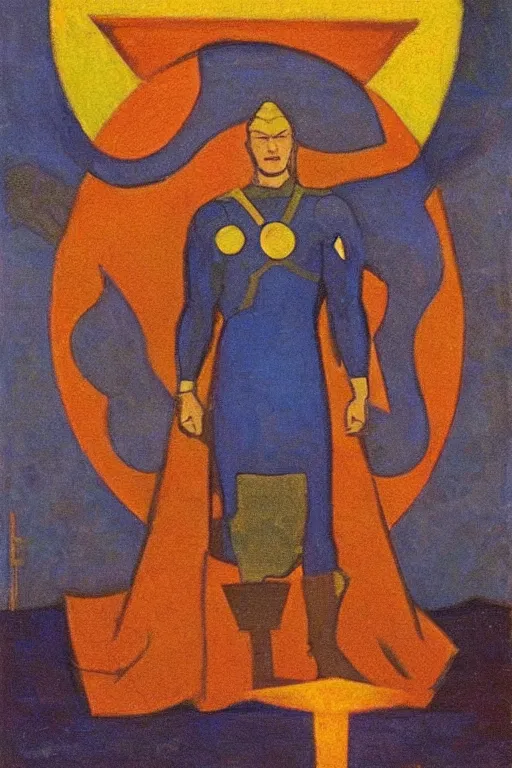 Image similar to thor with mjollnir, marvel, artwork by nicholas roerich,