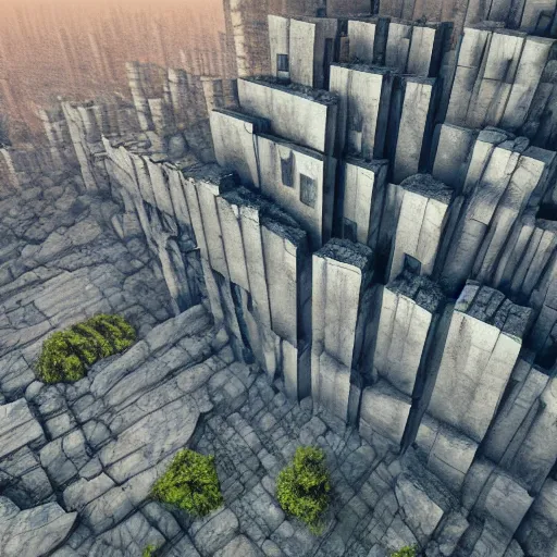 Image similar to a surrealistic oil painting of brutalism rock fractals in style of old soviet town, grimdark, 4k, ultra detail, volumetric lighting, unreal engine, octane render