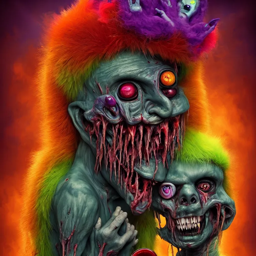 Image similar to a beautiful, colorful, flesh - eating, whimsical monster with rainbow fur, eating a terrified man, by alexandro judorowski and basia tran, fear, morbid, nightmare, supernatural, 8 k, digital art, highly detailed, chiaroscuro, creepy, terrifying