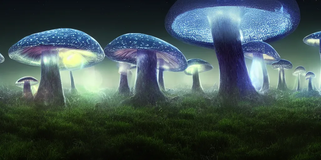 Prompt: giant glowing mushrooms towering over alien forest, at night, ray tracing, refractive, planets in the sky, award winning, trending on artstation, digital art. highly detailed 8 k. intricate. lifelike. soft light. nikon d 8 5 0.