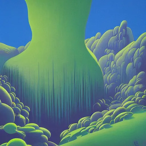 Image similar to painting of a lush natural scene on an alien planet by eyvind earle. magical realism. beautiful landscape. weird vegetation. cliffs and water.