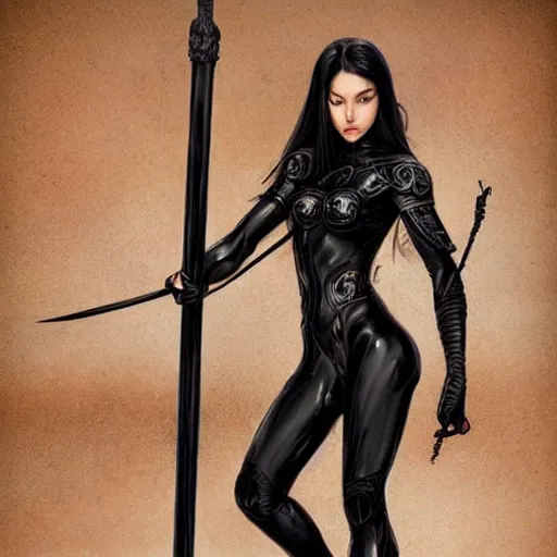 Image similar to a beautiful warrior woman with dark hair, wearing black catsuit and plates of black body armour, she is holding a long staff, intricate, elegant, highly detailed, detailed face, smooth, sharp focus, high contrast, graphic novel, art by stanley lau artgerm,