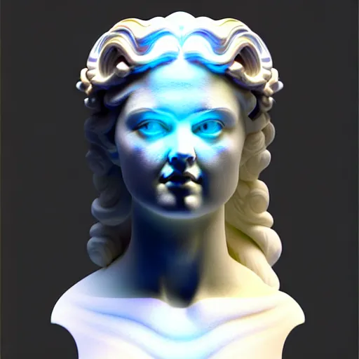 Prompt: sci - fi cgartist wide shot anaglyph ambient occlusion rendering of a hyper realistic marble greek statuary beautiful goddess glowing with embedded leds head product photo bright white backdrop high key colored lighting, trending on artstation volumetric lighting