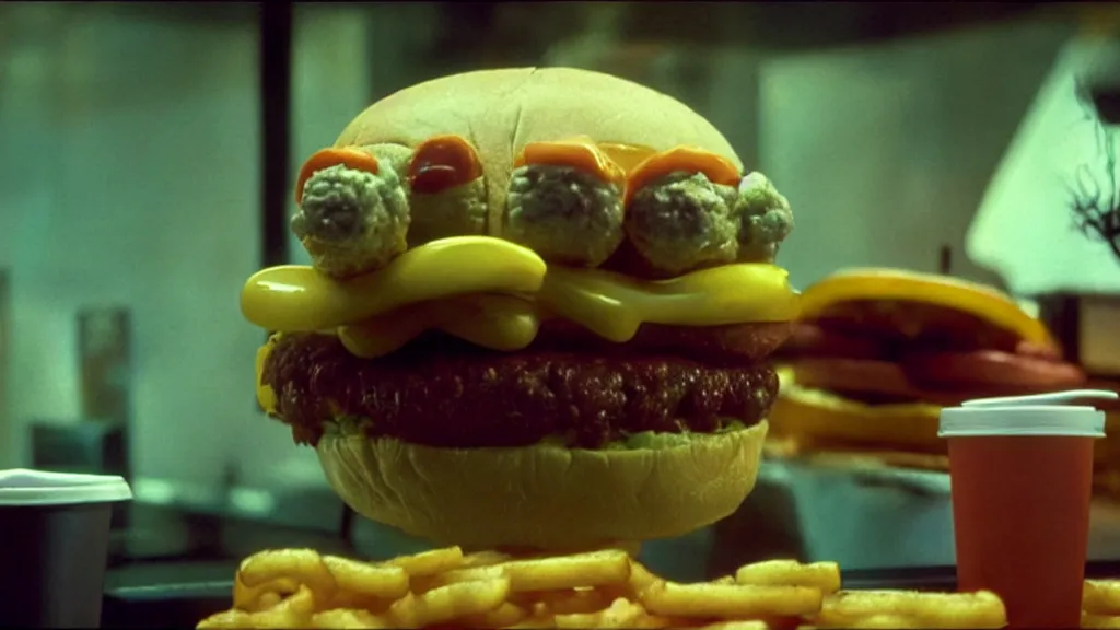 Image similar to the strange cheeseburger creature at the fast food place, film still from the movie directed by denis villeneuve and david cronenberg with art direction by salvador dali and zdzisław beksinski