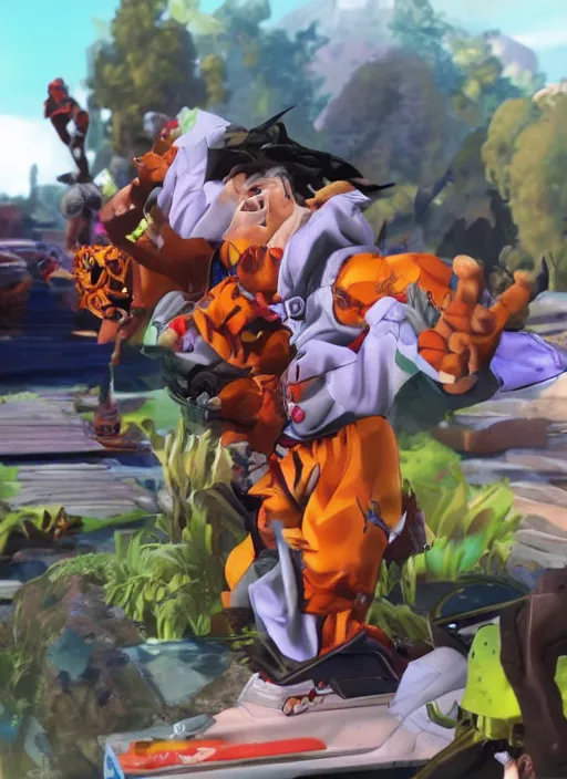 Image similar to game still of a sayan goku as a fortnite skin in fortnite by fortnite, pose.