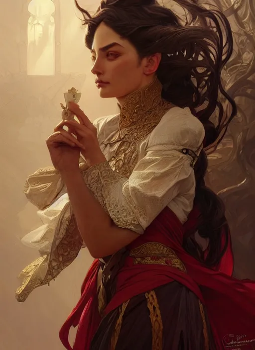 Image similar to portrait of castillo nazareno, fantasy, intricate, elegant, highly detailed, digital painting, artstation, concept art, smooth, sharp focus, illustration, art by artgerm and greg rutkowski and alphonse mucha