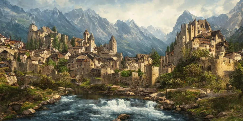 medieval walled city nestled in a mountain with small | Stable Diffusion