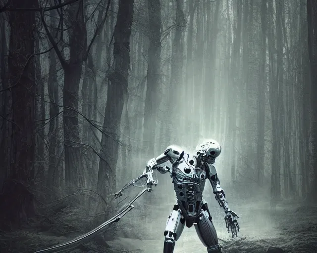 Prompt: photo of a white terminator stormtrooper with heavy duty biomechanical hydraulic cybernetic body fighting with a jedi in the forest. cyberpunk horror style. highly detailed 8 k. intricate. nikon d 8 5 0 5 5 mm. award winning photography. art by hr giger and zdzislaw beksinski in the style of hzd