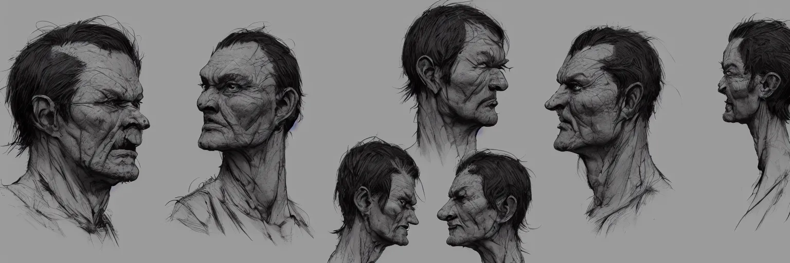 Prompt: character faces, realistic lars von trier face, character sheet, fine details, concept design, contrast, kim jung gi, greg rutkowski and da vinci, trending on artstation, 8 k, emotional, face turnaround, front view, back view, side view, ultra wide angle