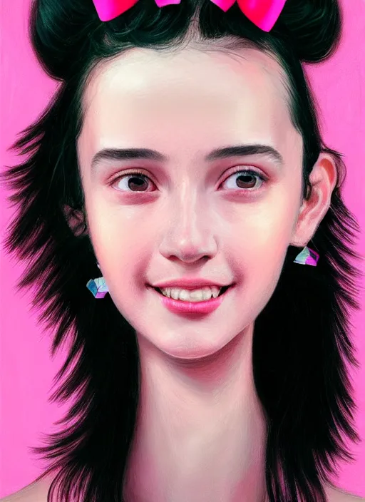 Image similar to portrait of teenage girl, realistic, black hair, bangs, half updo hairstyle, pointy nose, skinny, smile, ugly, defined jawline, big chin, pink hair bow, earrings, intricate, elegant, glowing lights, highly detailed, digital painting, artstation, sharp focus, illustration, art by wlop, mars ravelo and greg rutkowski