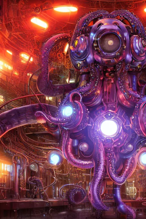 Image similar to portrait of humongous cyberpunk octopus, symmetric, body full glowing vacuum tubes, realistic digital art, 3 d render of futuristic steampunk generators inside a huge steampunk engine, 8 k, fluorescent colors, halluzinogenic, multicolored, exaggerated detailed, unreal engine