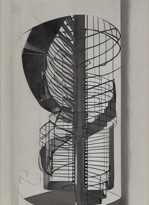 Image similar to an axonometric view of a spiral staircase by theo van doesburg