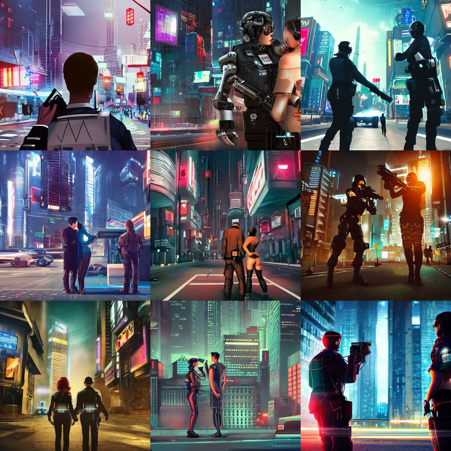 Prompt: realistic, symmetrical, cyberpunk city, man and women in love in a gunfight with robot police.