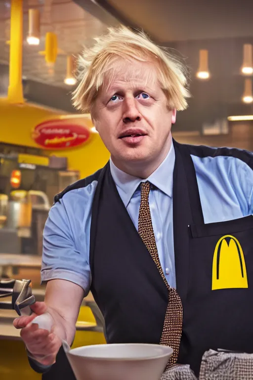 Image similar to intricate color photo of boris johnson, working in mcdonalds serving a customer, 8 k octane beautifully detailed render