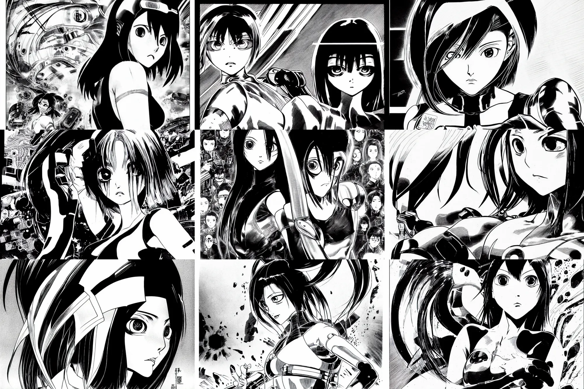 Prompt: alita by yukito kishiro. black and white manga