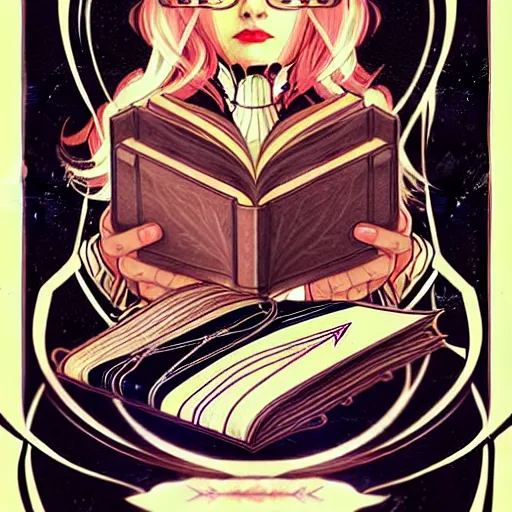 Image similar to concept art design illustration, spellcasting from spell book!!!!, 1 6 colors, logo, ink drawing, art by jc leyendecker and sachin teng