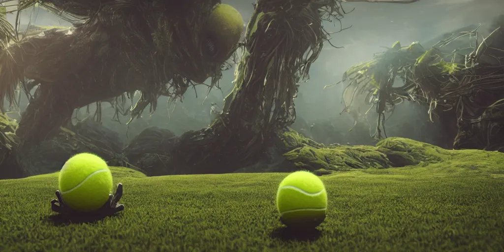 Image similar to a photo of 8 k ultra realistic tennis ball monster, tennis ball monsters, alien exotic, cinematic lighting, trending on artstation, 4 k, hyperrealistic, focused, high details, unreal engine 5, cinematic, alien planet atmosphere in background, 3 d render by beeple