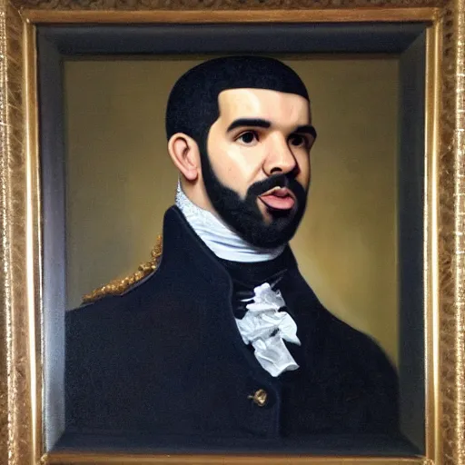 Prompt: oil painting portrait of Drake wearing a colonial outfit, 8k, very detailed, very intricate,