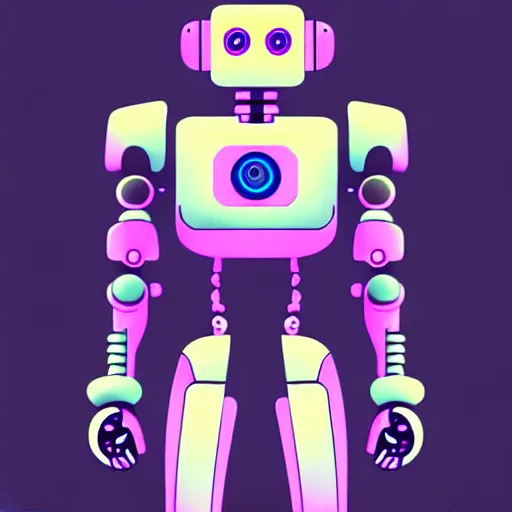 Prompt: Cyberpunk Robot, by Tzeho Lai, Digital illustration of a cute robot, pastel colored, smoth, cartoon character, concept art, procreate, drawing, Trend on Behance Illustration, Childrens Art in Artstation