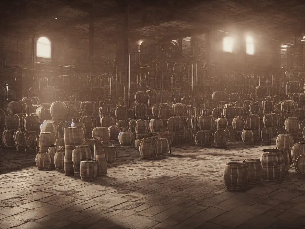 Prompt: a whisky factory with barrels stacked up to the sealing. sitting on a small wooden stool a large man sips a tiny tumbler of whisky. beautiful atmospheric lighting, sunlight beaming through open windows, small dust particles in the air. unreal engine 5, v - ray, 8 k, ultra hd, god rays.