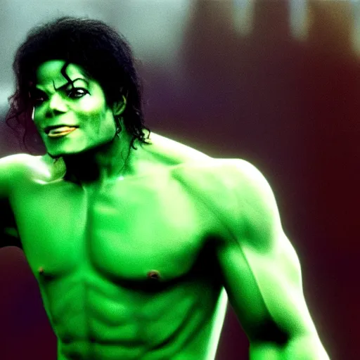 Prompt: michael jackson as the incredible hulk, movie still, 8 k