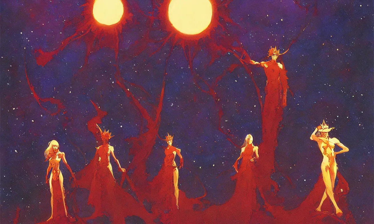 Prompt: sun king and moon queen in the cosmic court of mystical astronomy, art by jeffrey catherine jones and tyler edlin