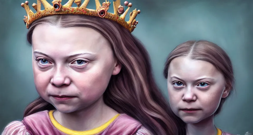 Image similar to closeup profile portrait of greta thunberg as a fairytale princess wearing a crown eating cakes in the castle kitchen, nicoletta ceccoli, mark ryden, lostfish, max fleischer, hyper realistic, artstation, illustration, digital paint, matte paint, vivid colors, bright, cheerful, detailed and intricate environment