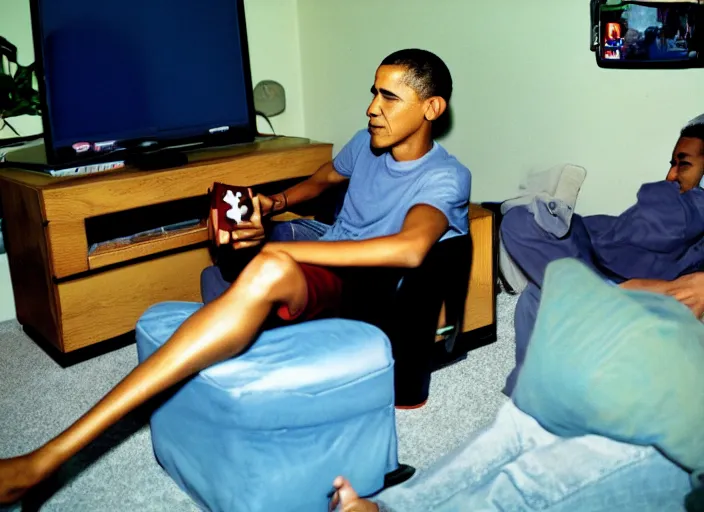 Prompt: color film photography, Barack Obama playing Super Smash Bros. Melee on Nintendo Gamecube, 35mm, film photo