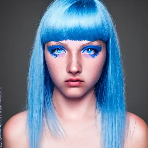 Image similar to teenage girl, blue iris eyes, gradient blue hair, high quality photos, translucent, modelsociety, white radiant skin, rtx on, perfect face, intricate, sony a 7 r iv, symmetric balance, photolab, photography award