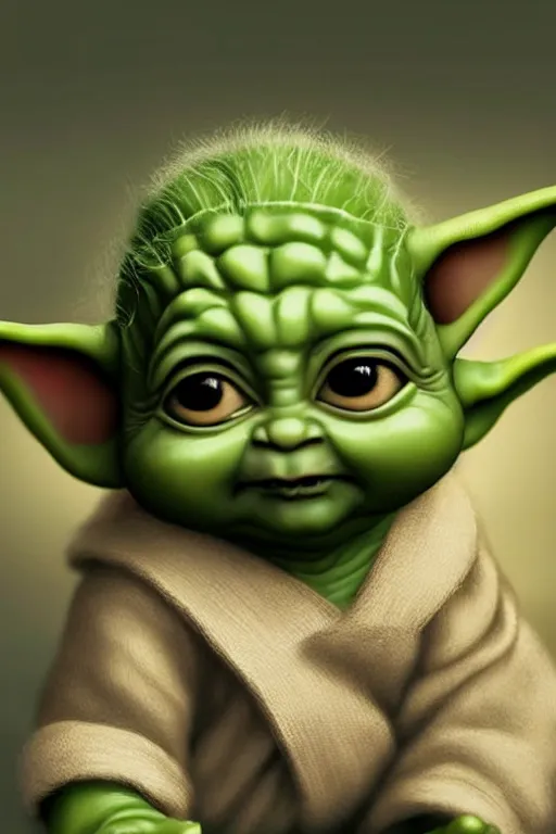 Image similar to Rahul Gandhi as baby yoda, baby yoda costume, Rahul Gandhi hairstyle, baby yoda body type, Rahul Gandhi Face, calm, cute, portrait, baby figure, highly detailed, digital painting, artstation, concept art, smooth, sharp focus, illustration, cinematic lighting, art by artgerm and greg rutkowski and alphonse mucha