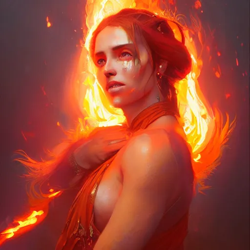 Image similar to a beautiful portrait of a fire goddess, flaming background, a detailed painting by greg rutkowski and raymond swanland, featured on cgsociety, fantasy art, detailed painting, artstation hd, photorealistic