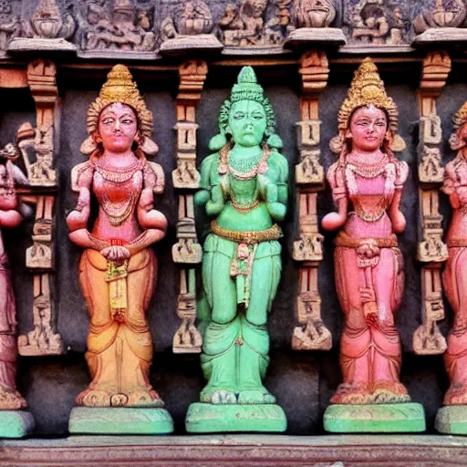 Image similar to hindu gods and goddesses posing together, carved in a temple