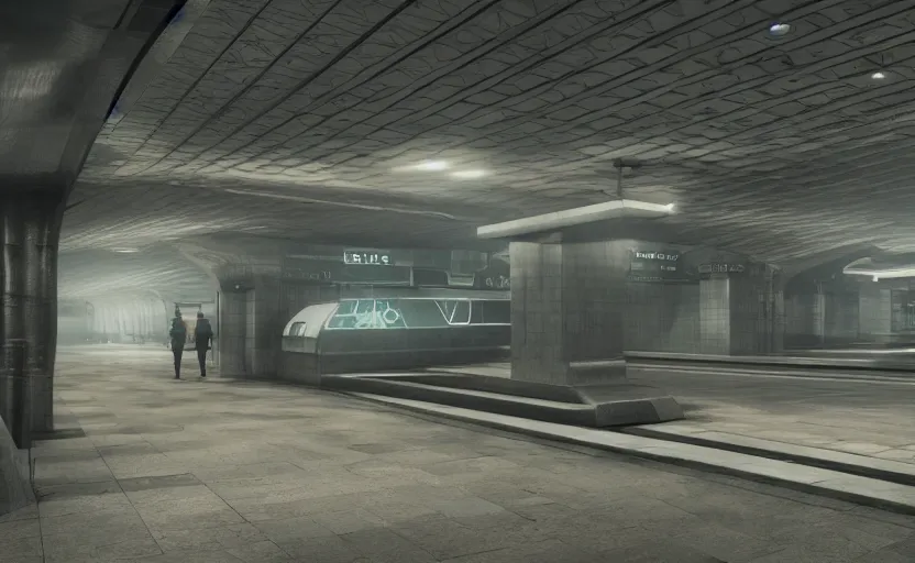 Image similar to Futuristic subway station , gloomy and foggy atmosphere, octane render, artstation trending, horror scene, highly detailded