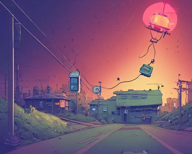 Prompt: a study of cell shaded cartoon of a microKorg synthesizer floating above a country road, street lamps, road, illustration, wide shot, subtle colors, post grunge, concept art by josan gonzales and wlop, by james jean, Victo ngai, David Rubín, Mike Mignola, Laurie Greasley, highly detailed, sharp focus, Trending on Artstation, HQ, deviantart, art by artgem